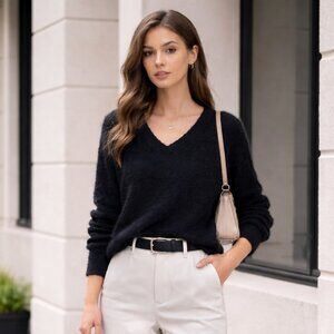 Minimalist Black Fuzzy V-Neck Sweater | Soft Goth Academia | Size M